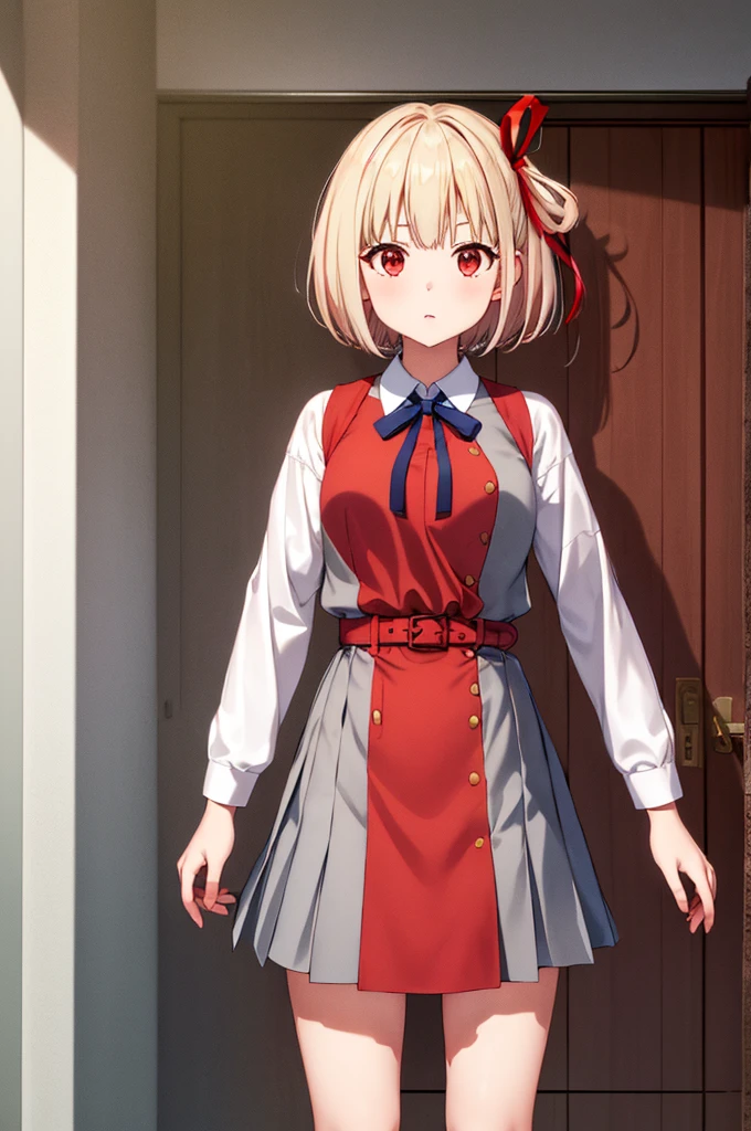 1girl 、Standing in front of the viewer、chisatonishikigi, nishikigi chisato, short hair, bangs, Blonde Hair, (Red eyes:1.5), hair ribbon, One side up, Bobcut,Black knee-high socks、Black coin loafers、 break shirt, Long sleeve, dress, ribbon, White shirt, Collared shirt, belt, neck ribbon, red dress, blue ribbon, pleated dress, grey dress, two-tone dress, red belt, Uniform sake,, break outdoors, city, break looking at viewer, break (masterpiece:1.2), highest quality, High resolution, unity 8k wallpaper, (figure:0.8), (Beautiful fine details:1.6), Highly detailed face, Perfect lighting, Highly detailed CG, (Perfect hands, Perfect Anatomy),