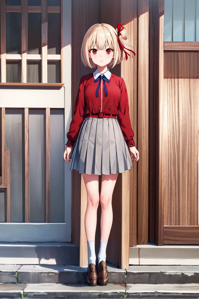 1girl 、Standing in front of the viewer、chisatonishikigi, nishikigi chisato, short hair, bangs, Blonde Hair, (Red eyes:1.5), hair ribbon, One side up, Bobcut,Black knee-high socks、Black coin loafers、 break shirt, Long sleeve, dress, ribbon, White shirt, Collared shirt, belt, neck ribbon, red dress, blue ribbon, pleated dress, grey dress, two-tone dress, red belt, Uniform sake,, break outdoors, city, break looking at viewer, break (masterpiece:1.2), highest quality, High resolution, unity 8k wallpaper, (figure:0.8), (Beautiful fine details:1.6), Highly detailed face, Perfect lighting, Highly detailed CG, (Perfect hands, Perfect Anatomy),