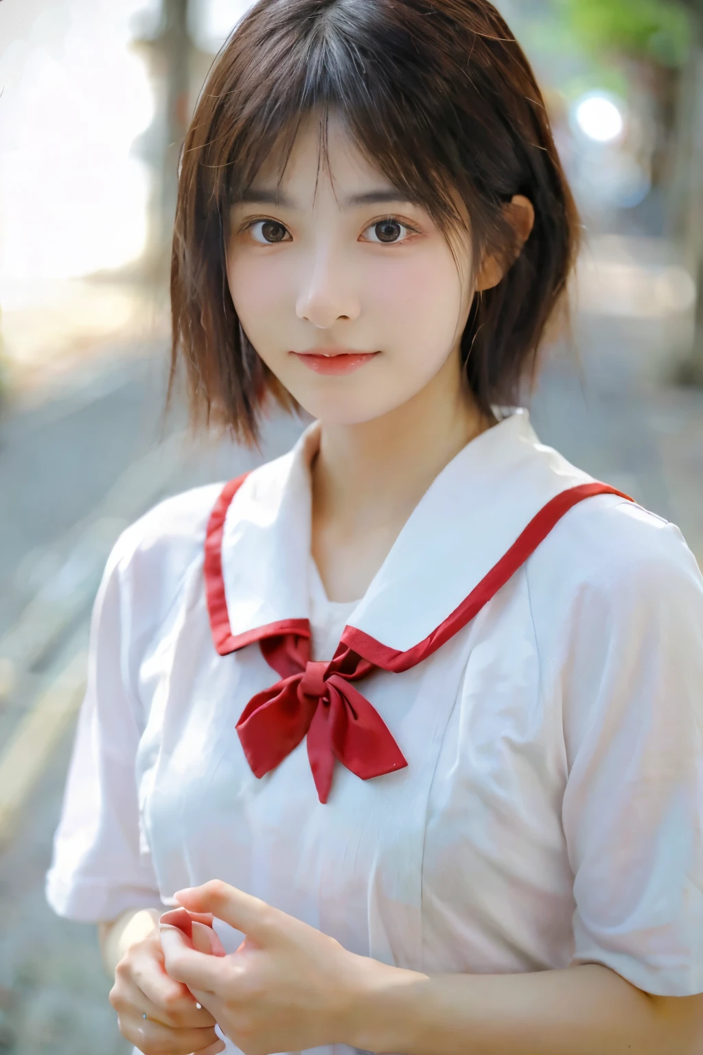 highest quality, Face Focus, Soft Light, Ultra-high resolution, (Realistic:1.4), RAW Photos, Japanese girl, alone, cute, (A shy smile:0.5), (Brown eyes, Light in your eyes), Beautiful face in every detail, (Small box),(High resolution detail of human skin texture), (Short Bob Hair), break, Sailor suit, Best, skirt、whole body、Red ribbon on chest、White collar with red line