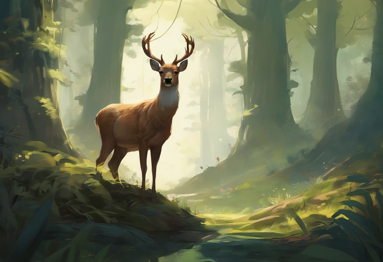 Cartoon deer in the forest，sunny, Cute forest creatures, Portrait of Forest Gog, Anthropomorphic deer female, anthropomorphic female deer, an Anthropomorphic deer, A beautiful artistic illustration, Anthropomorphic deer, Background deep forest, In the forest clearing, Deep in the Hongger Forest, Lovely and detailed digital art, In the deep forest