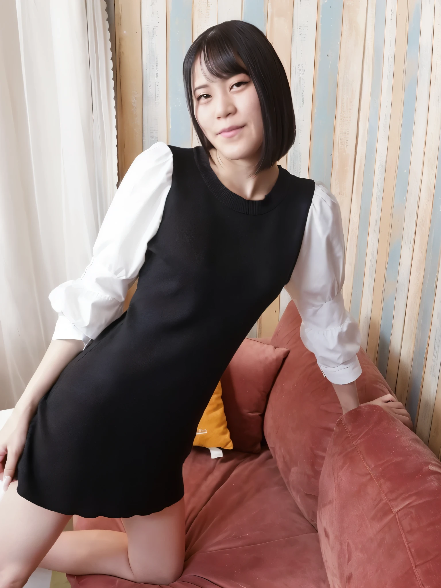 there is a woman posing on a couch in a black dress, taken with canon 8 0 d, taken with canon eos 5 d, with short hair, chiho, taken with a canon eos 5d, taken with a canon eos 5 d, reluvy5213, taken with canon eos 5 d mark iv, bottom angle