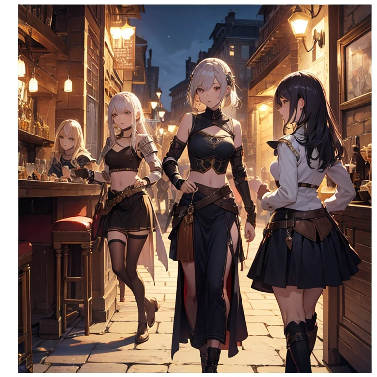 A group of female medieval fantasy adventurers, (in tavern), various hair styles, harem, night, details face, short skirt, seducing, sleeveless, armor, midriff
