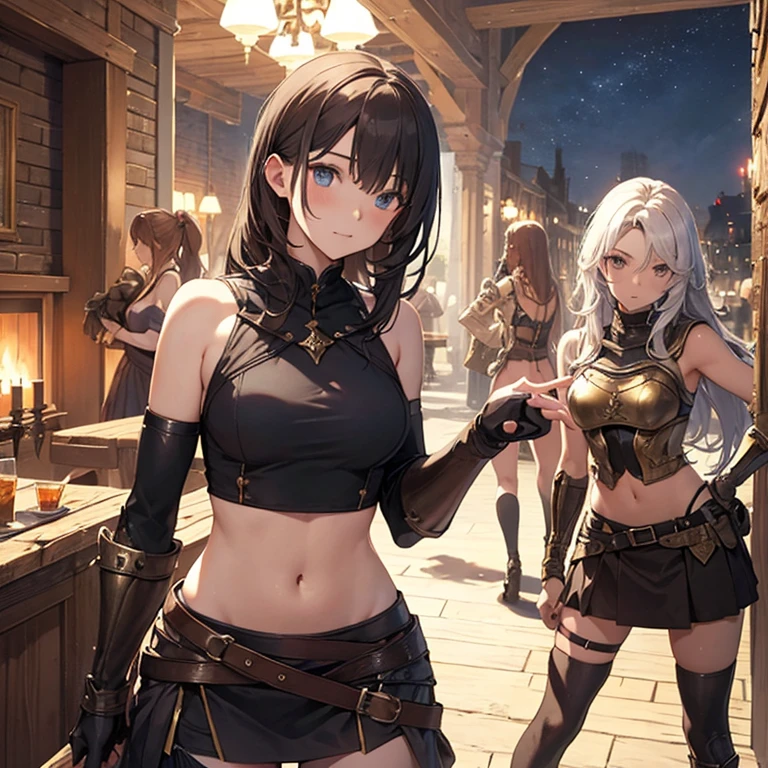 A group of  female medieval fantasy adventurers, (in tavern), various hair styles, harem, night, details face, short skirt, seducing, sleeveless, armor, midriff 