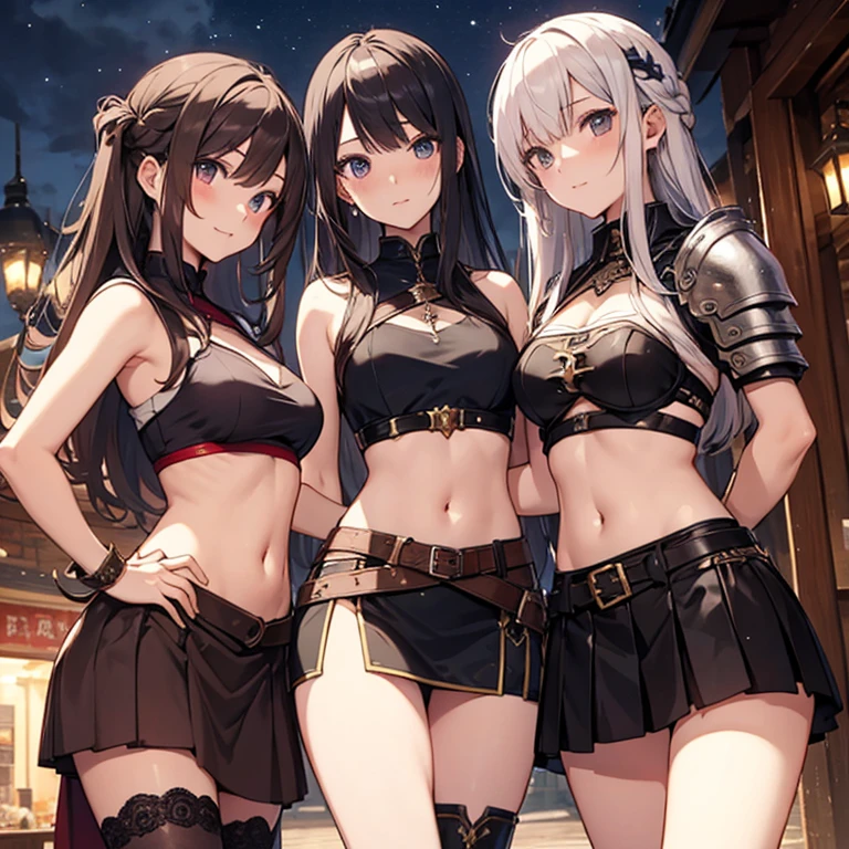 A group of female medieval fantasy adventurers, (in beach), various hair styles, harem, night, details face, short skirt, seducing, sleeveless, armor