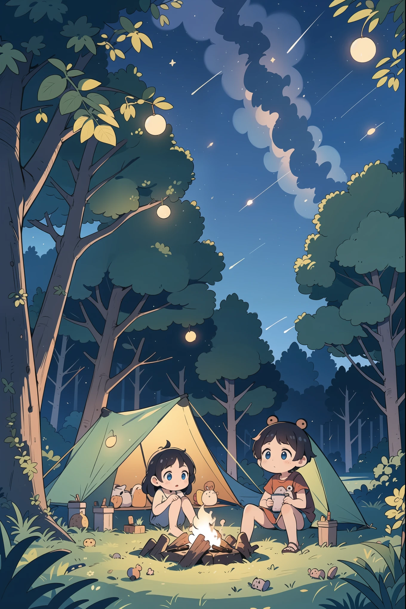 summer,starry sky,camping,tent,fireflies,barbecue,companion,illustration,masterpiece,best quality,