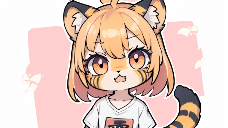 (obra maestra, Alta calidad, mejor calidad, 8K, high resolution), ((estilo chibii, Chibi lindo)), (solo, 1 girl), {Tiger Girl, cara de tigre, 2 colmillos, long eyelashes, delineador de ojos} {bigotes de tigre}, (((Piel de tigre por todo el cuerpo., Rayas de tigre en el cuerpo.))), (pelo naranja), cabello corto, Pinza para el cabello, [[Pinza para el cabello white flower on hair]], ((Muy feliz)), ((boca abierta)), ojos naranjas, [pupilas negras], ((buscando)), (very small breasts), brazos delgados, (un brazo arriba, un brazo hacia abajo), axilas, ((mini camiseta rosa, camiseta rosa completa)), {shorts blancos}, {{{mini cola de tigre, Cola en la espalda}}}, (cuerpo completo), (((de pie, jump angle))), dynamic pose, Fondo blanco, fondo sencillo, ((((Estilo Tora-chan no Hanayome)))), (old anime style 40s), estilo animado, anime color.