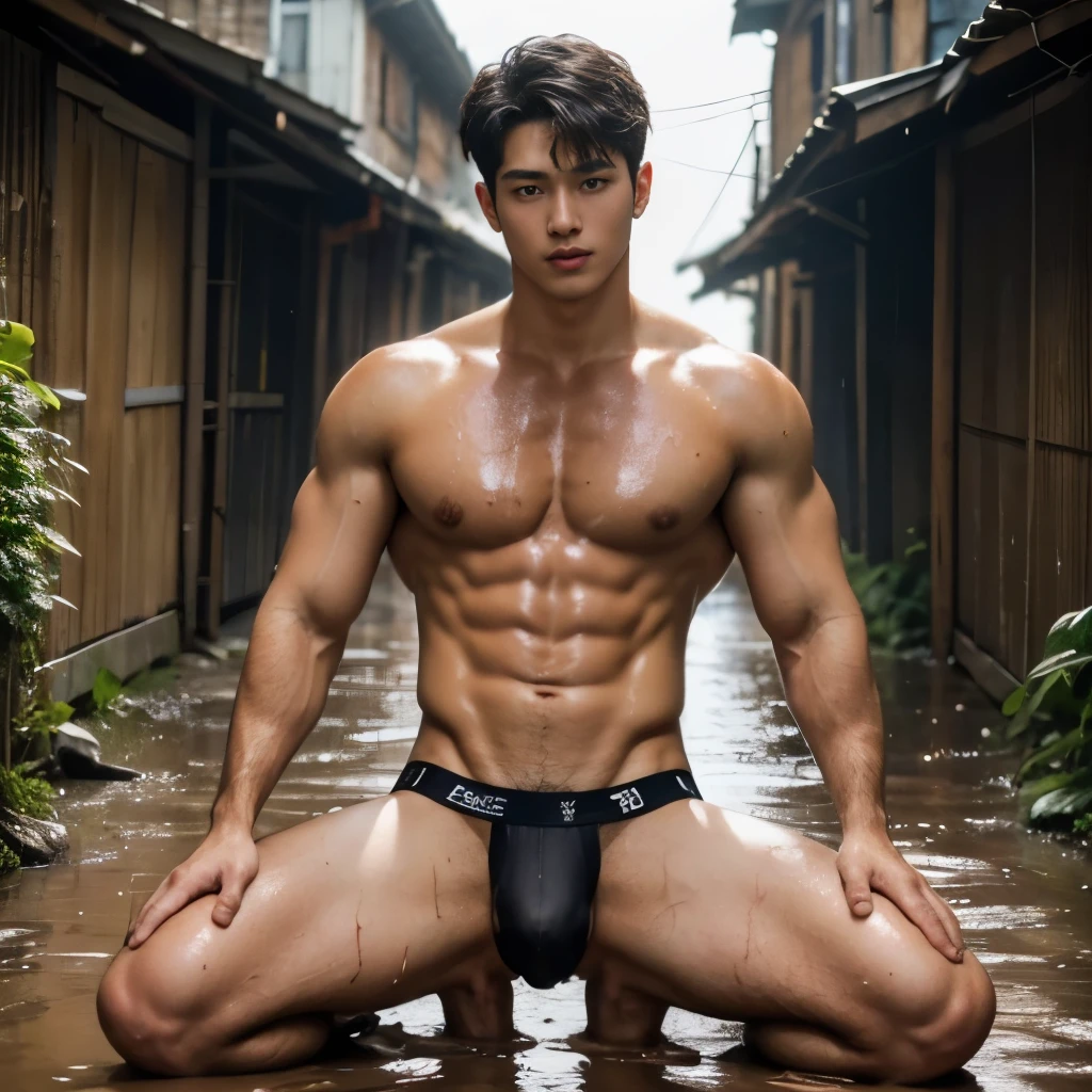 FULL BODY, SEE THROUGH THONG, BROWN THONG, MUD, MUD COVERING ALL OVER THE BODY, Showing off his very hairy armpits, Slim fit, very cute kids face, boy, baby face,, Very young oy, Amazing cenery, in the middle of mud, he only wear Tiny brown thong, crowded people, very hot sunny day, summer, dirty and wet Alley, he wore a very small dirty brown thong covering half of his big hard dick, dickprint, Sweat dripping all over the body, sweat covering all over the body, Full body photo, wearing Very tiny thong, Proudly showing off his sweaty very hairy armpits to audience, completely naked just wearing thin Tiny brown thong, very young boy, Cinematic soft lighting illuminates a stunningly detailed and ultra-realistic handsome korean male supermodel, ultra messy curly hair, clear honey eyes, captivating perfect smile, sensual, hot man, insanely handsome, showing off his sweaty body, very sixpack muscular body build, slender, toned, full body, 8k, photography, masterpiece, detailed face, detailed eyes, sexy, beautiful abdomen and beautiful legs and a detailed big hard bulge, expression of ecstasy, excited, slim, detailed eyes and lips, sixpack and fit body. Image quality is of the highest standard, with ultra-detailed features and a realistic appearance. The colors are bright and vibrant, enhancing the overall aesthetic. The lighting is soft and natural, casting a soft glow on the boy, don't merge body's