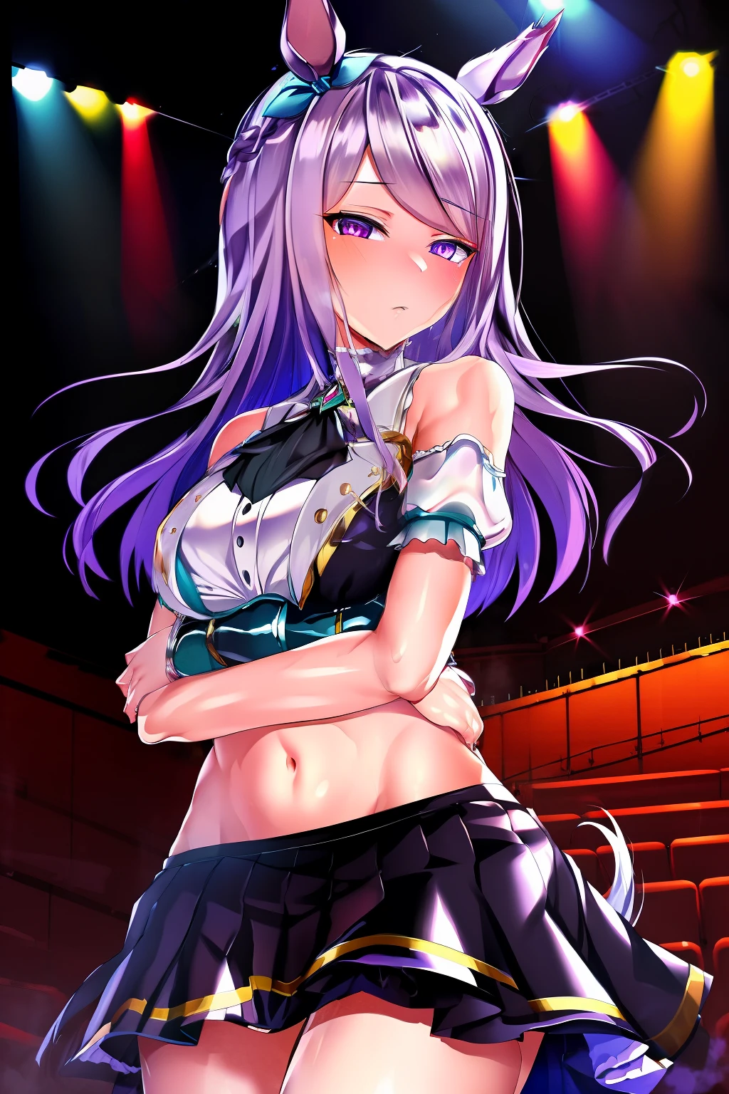 (masterpiece, best quality:1.2), 1girl, solo, Mejiro McQueen, Mejiro McQueen\(umamusume\), silver hair, long hair, horse ears, horse girl, long hair, glowing eyes, layered skirt, (dark magical girl), corruption, combatant, pelvic curtain, looking at viewer, shiny glossy skin, on stage, concert, spotlight