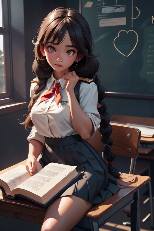 nsfw:1.4, school girl, long two braids hair, lots of black hair, floating hair, siting on school table, wearing sri lankan school full white uniform, hands on chest , holdings lots of books, dirty classroom background, 10 students in background, focusing girl, high detailed body , high detailed skin, high detailed uniform, high detailed face, high detailed eye, color full, natural colors, sun shadow, perfect shadows, 8k, sun shadow, movie lightning, 8k, RAW photo, best quality, masterpiece, high detail RAW color photo, dramatic lighting, cinematic lighting, back light, professional lighting, detailed face, full body, girl focusing