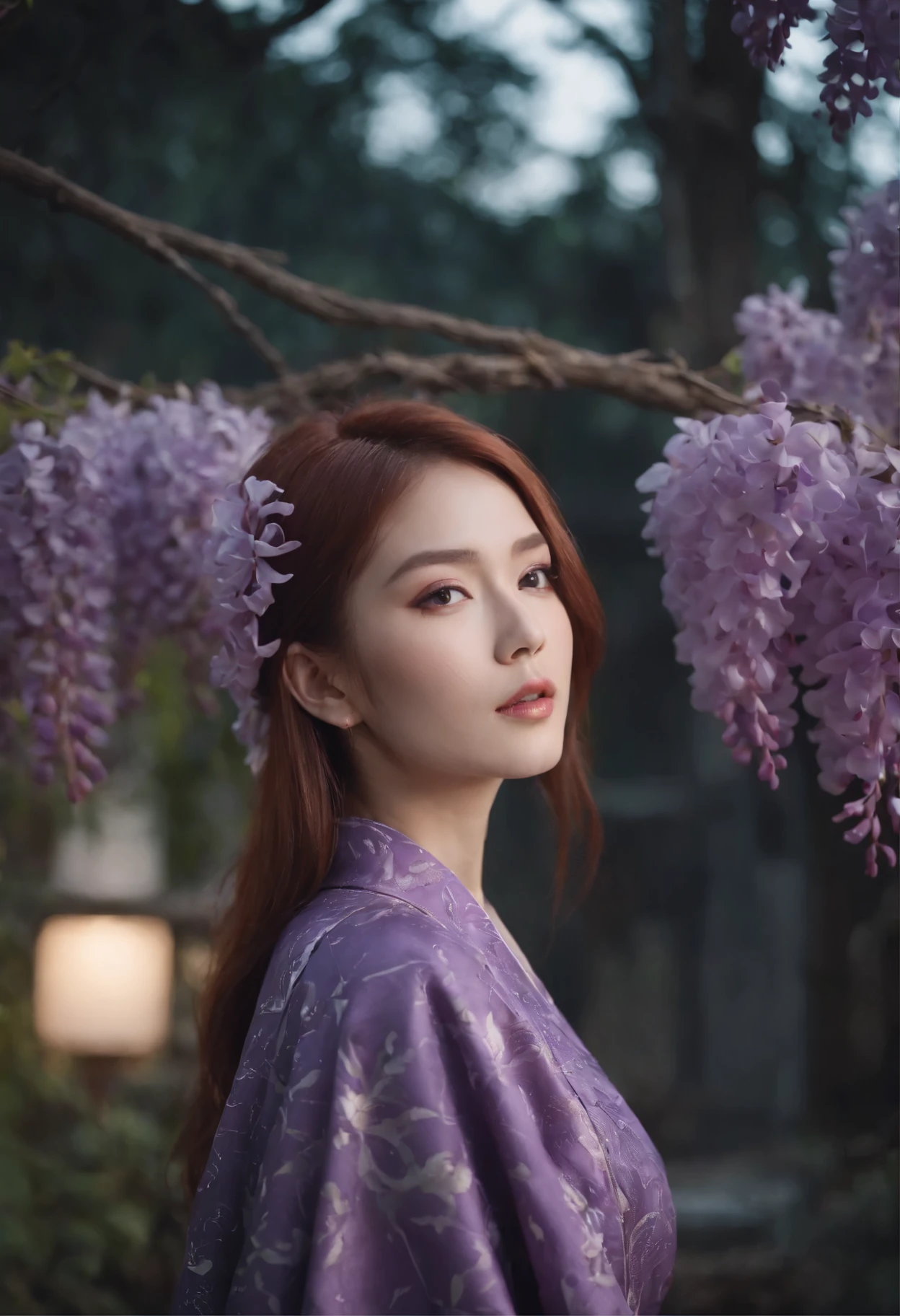 Combine the beauty of Japanese culture with a futuristic cyberpunk aesthetic in a unique outfit with a flashy purple wisteria flower design,Explore this concept through pictures and words, Incorporating traditional Japanese elements such as kimonos, Wisteria motif, Her hair is messy and she has a red hairpin,and、Bewitching and alluring,Clean layout with touches of advanced technology, neon, and machine elements