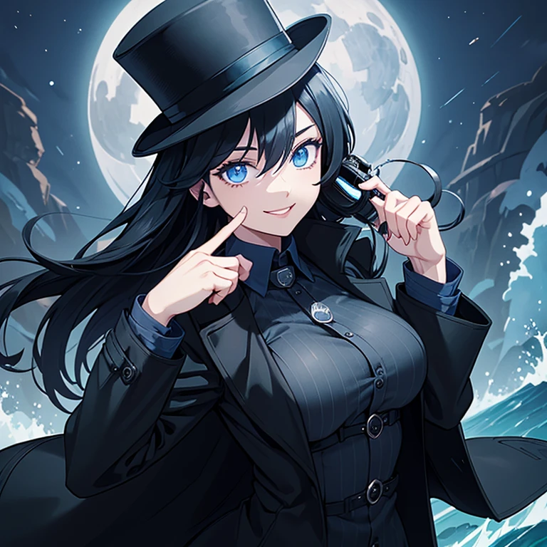 female, smile , black hair,  dark blue eye,blue eye, detective, black top hat with head goggles, black hair, dark blue eyes, black trench coat, blue vest, white shirt, big  , huge breasts, night time, sea, moonlight, star, erotic pose