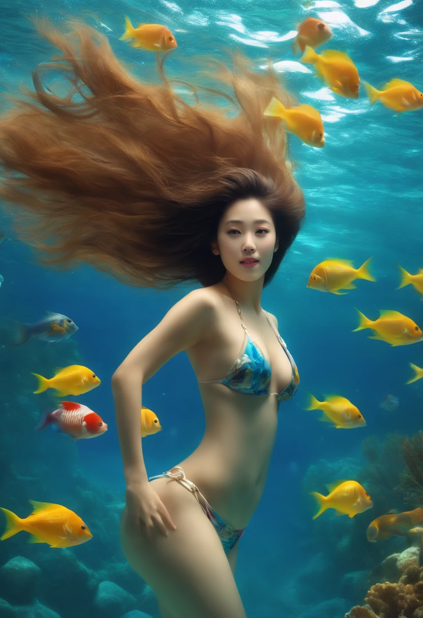 A cute and beautiful Japanese woman in her late twenties with semi-long hair and a voluptuous figure is diving underwater. She is facing the camera with a beaming smile, looking very stylish in a micro bikini. There are many beautiful tropical fish swimming around her.