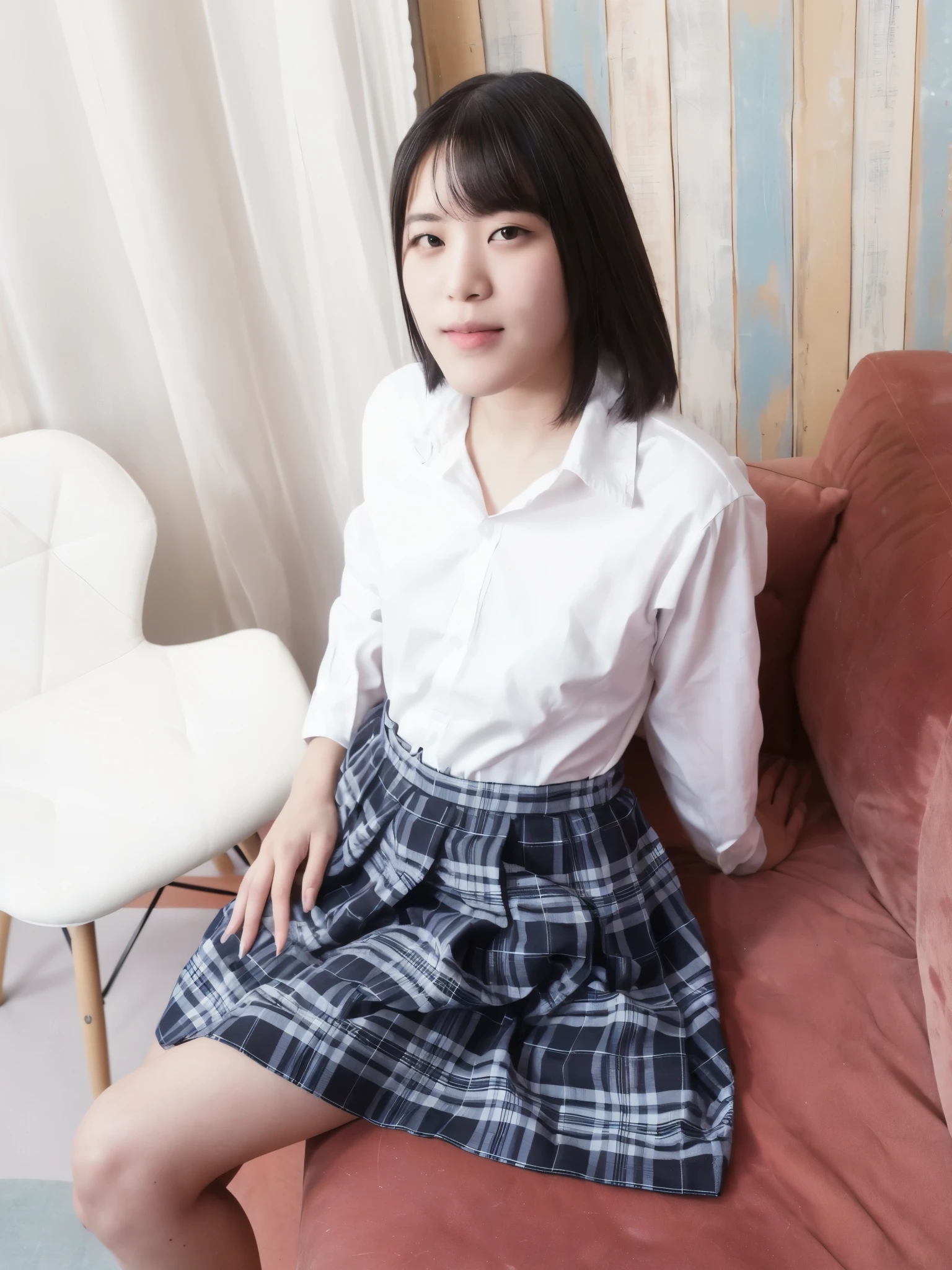 there is a woman sitting on a couch wearing a skirt, taken with canon 8 0 d, taken with canon eos 5 d, taken with canon eos 5 d mark iv, cute , wearing japanese , taken with canon 5d mk4, of a posing, taken with a canon eos 5 d, taken with a canon eos 5d