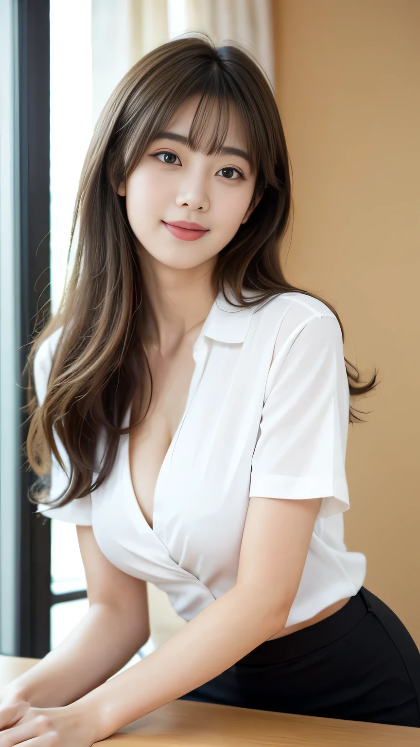 (RAW photos, best quality), (Practical, Realism:1.3), masterpiece, extremely delicate and beautiful, Soft Light, (brown hair, Hair swaying in the wind, Bangs), Beautiful and delicate girl, (Detailed fingers), Extremely detailed eyes and face, Beautiful and delicate nose, Beautiful and delicate eyes, 1 girl, Japanese, The beauty of neatness, Lovely, young, Smile, White short-sleeved shirt, Black pencil skirt ,(Half Body:1.3), (Medium breasts), Practical face, Practical body, indoors,Real skin.Sexy pose, 36 inches bust, Smile, cleavage,Background Bokeh
