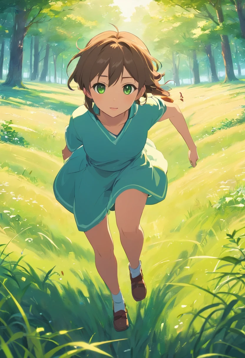 a detailed animation,画的是一只棕色的鹿no antlers,The Fawn,Exuding an elegant atmosphere, no antlers, And green eyes running alone across the grass