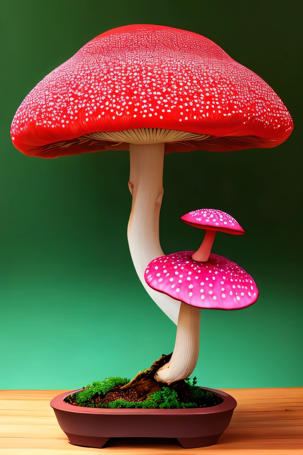 red mushroom,like bonsai,luminous design, pastel colours, summer lights