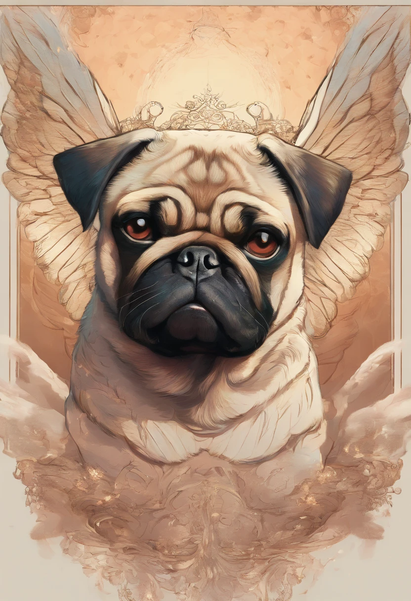 beautiful winged pug, angelic pug, pug with angel wings, detailed pug face, cute pug, adorable pug, pug puppy, fluffy pug, pug dog, fantasy art, digital art, highly detailed, 8k, photorealistic, cinematic lighting, dramatic lighting, warm color palette, glowing ethereal atmosphere, magical realism