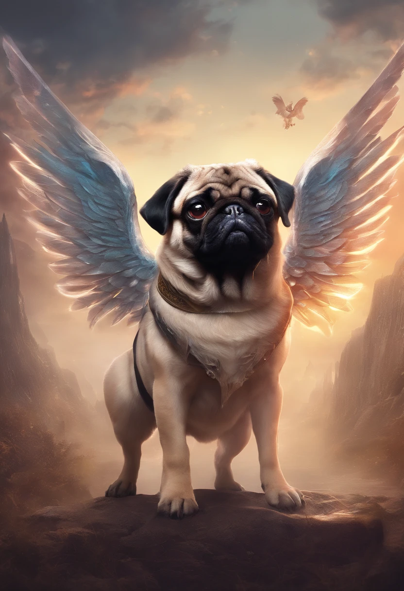 beautiful winged pug, angelic pug, pug with angel wings, detailed pug face, cute pug, adorable pug, pug puppy, fluffy pug, pug dog, fantasy art, digital art, highly detailed, 8k, photorealistic, cinematic lighting, dramatic lighting, warm color palette, glowing ethereal atmosphere, magical realism