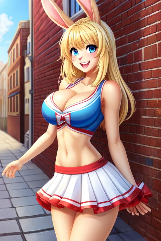 Rabbit girl High school cheerleader, solo, female, blonde hair, blue eyes, smiling, big breasts, cleavage, slim, small waist, small hips, european city, brick road, hands behind back, happy, looking at viewer, high quality