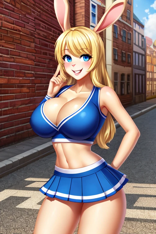 Rabbit girl High school cheerleader, solo, female, blonde hair, blue eyes, smiling, big breasts, cleavage, slim, small waist, small hips, european city, brick road, hands behind back, happy, looking at viewer, high quality