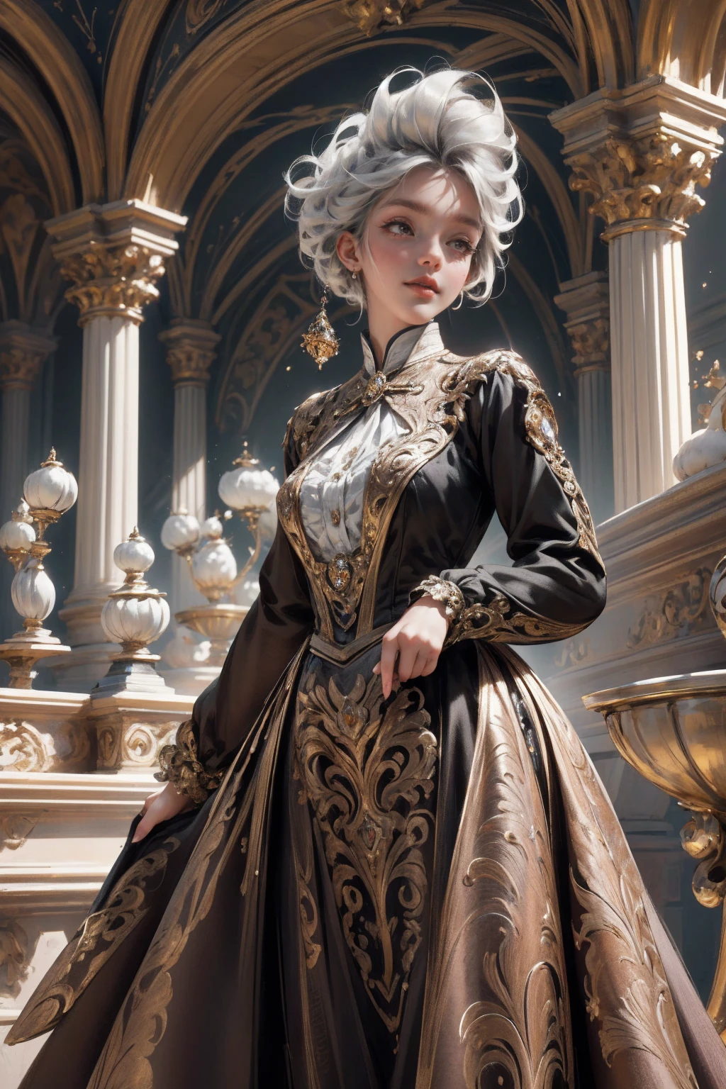 { - anatomy error}(Masterpiece - Ultra-detailed, very high resolution) Prepare to be enchanted by a true masterpiece that combines ultra-detailed art with high-resolution rendering. This work depicts a mesmerizing woman with short white hair (1.3) and captivating gray eyes (1.2), emanating an aura of elegance and mystery in Victorian settings. The intricate details and realistic textures invite you to explore every aspect of this enchanting composition. Woman wearing beautiful classic Victorian costume from the year 1878. Red lips. Happy face. Smiling. light brown (gold) dress. Walking, writing, lying down, standing, on your back, dynamic poses., upper body. dynamic poses. Get ready to dive into a world where beauty and craftsmanship merge perfectly.