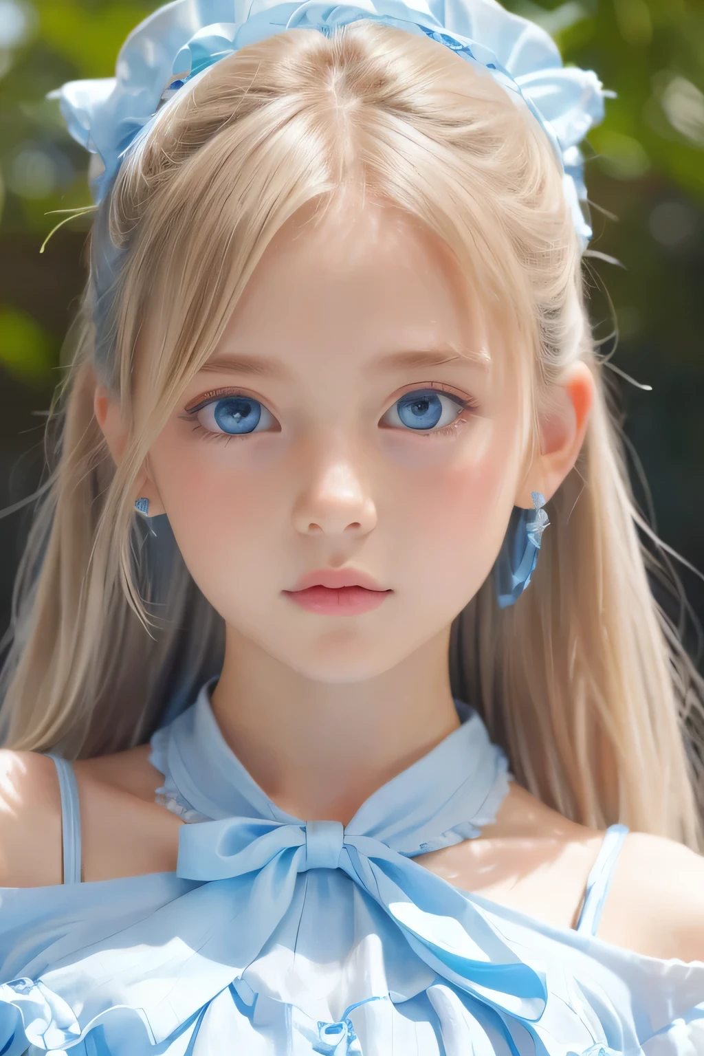 (Ultra-detailed), Cute light blue princess dress,(Frill dress),(Short sleeve),blue eyes,Upper Body、Close-up、face、Cute smile,Facing forward, 20-year-old, Teenage Girl,No tail,(No tail),2D, masterpiece, highest quality, And soul, Detailed Eyes, Big, bright, light blue eyes that shine beautifully、Detailed face, With a girl, Only one person,Blonde super long hair, (Blonde),  Ear hair, , Single Blade, (Single Blade), (Side Blade), Pink ribbon, Ribbon on neck, (White sleeves), Background bokeh