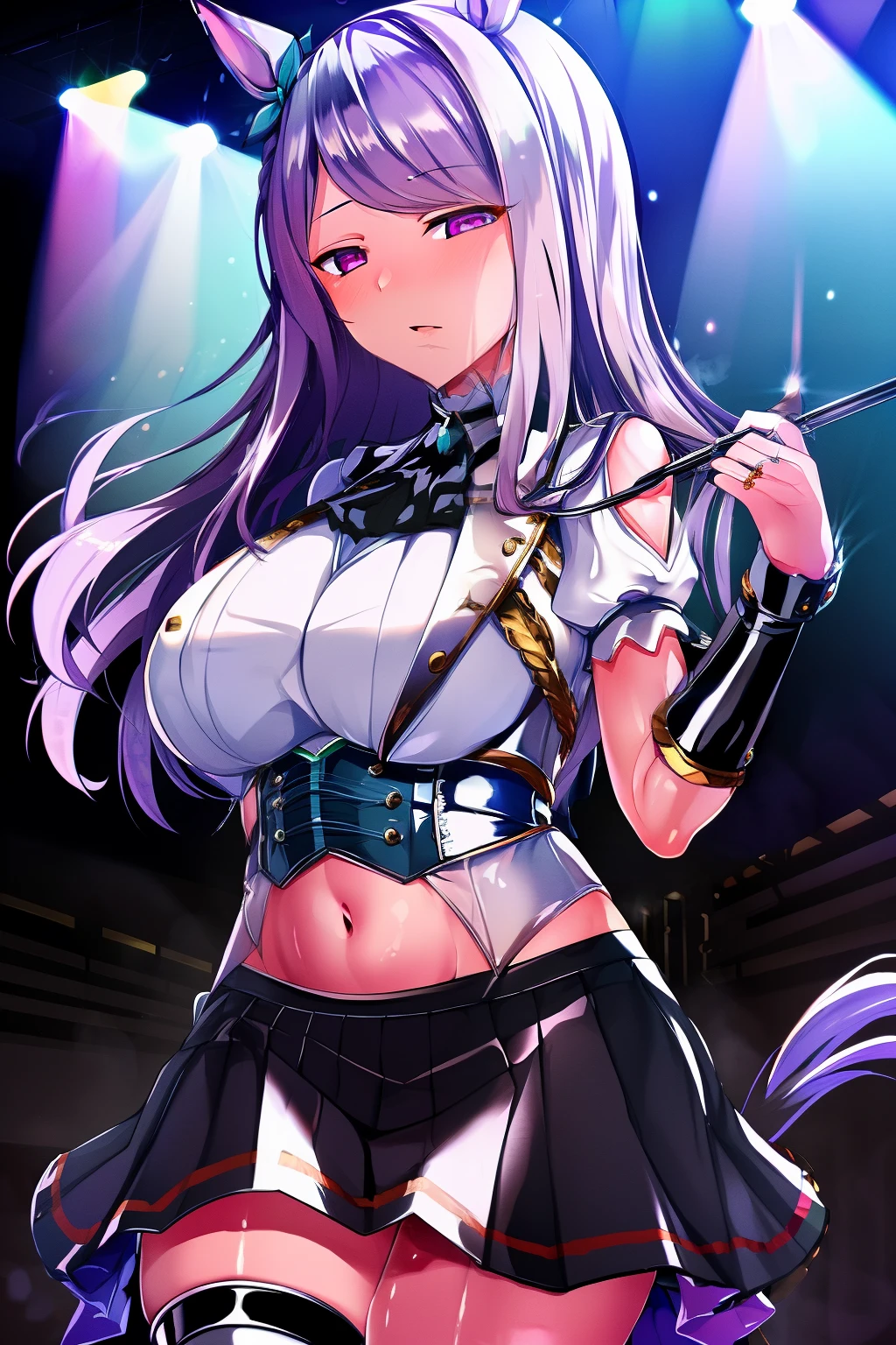 (masterpiece, best quality:1.2), 1girl, solo, Mejiro McQueen, Mejiro McQueen\(umamusume\), silver hair, long hair, horse ears, horse girl, long hair, glowing eyes, layered skirt, (dark magical girl), corruption, combatant, pelvic curtain, looking at viewer, shiny glossy skin, on stage, concert, spotlight