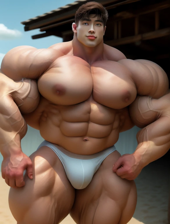 1 asian men, handsome, giant, buzz haircut, model shoot style, looking at camera, standing, relaxing arms, outdoor, large dry meadows, strong body, bulk, naked, wear white swimwear underpants, bulge, big, brutalmass, giant, muscular body, bulk, massive body, large meaty body size, brown skin, huge arms, ballooning meaty pecs. Realistic, intricate detail