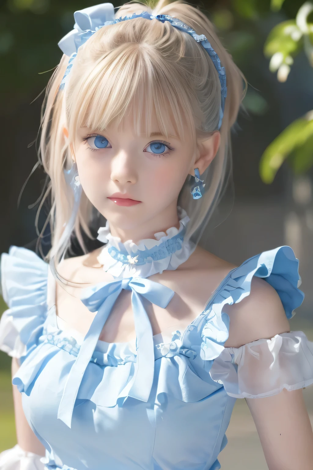 (Ultra-detailed), Cute light blue princess dress,(Frill dress),(Short sleeve),blue eyes,Upper Body、Close-up、face、Cute smile,Facing forward, 20-year-old, Teenage Girl,No tail,(No tail),2D, masterpiece, highest quality, And soul, Detailed Eyes, Big, bright, light blue eyes that shine beautifully、Detailed face, With a girl, Only one person,Blonde super long hair, (Blonde),  Ear hair, , Single Blade, (Single Blade), (Side Blade), Pink ribbon, Ribbon on neck, (White sleeves), Background bokeh