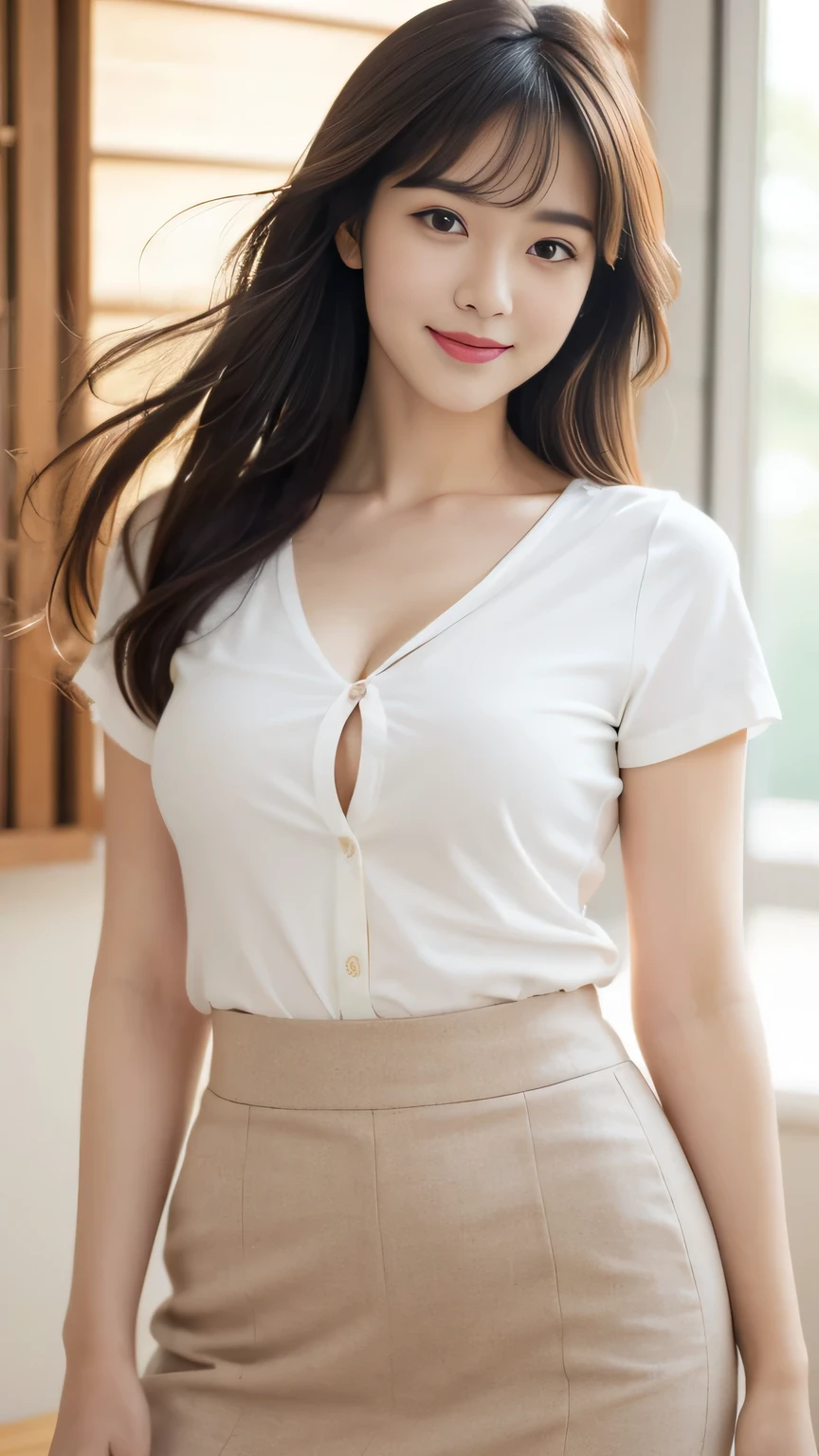 (RAW photos, best quality), (Practical, Realism:1.3), masterpiece, extremely delicate and beautiful, Soft Light, (brown hair, Hair swaying in the wind, Bangs), Beautiful and delicate girl, (Detailed fingers), Extremely detailed eyes and face, Beautiful and delicate nose, Beautiful and delicate eyes, 1 girl, Japanese, The beauty of neatness, Lovely, young, Smile, White short-sleeved shirt, Black pencil skirt ,(Half Body:1.3), (Medium breasts), Practical face, Practical body, indoors,Real skin.Sexy pose, 36 inches bust, Smile, cleavage,Background Bokeh