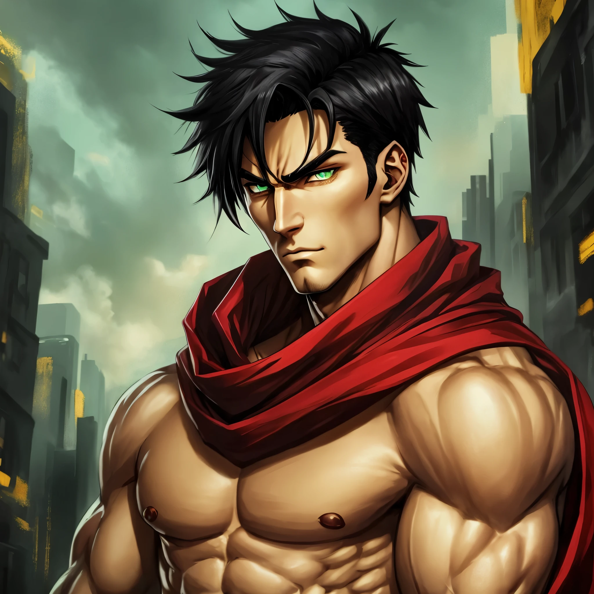 Anime-style, a tall, muscular man with short black hair and piercing green eyes. He has a scar above his right eye that gives an even more serious look to his already intimidating face, red scarf, mostly black with golden edges