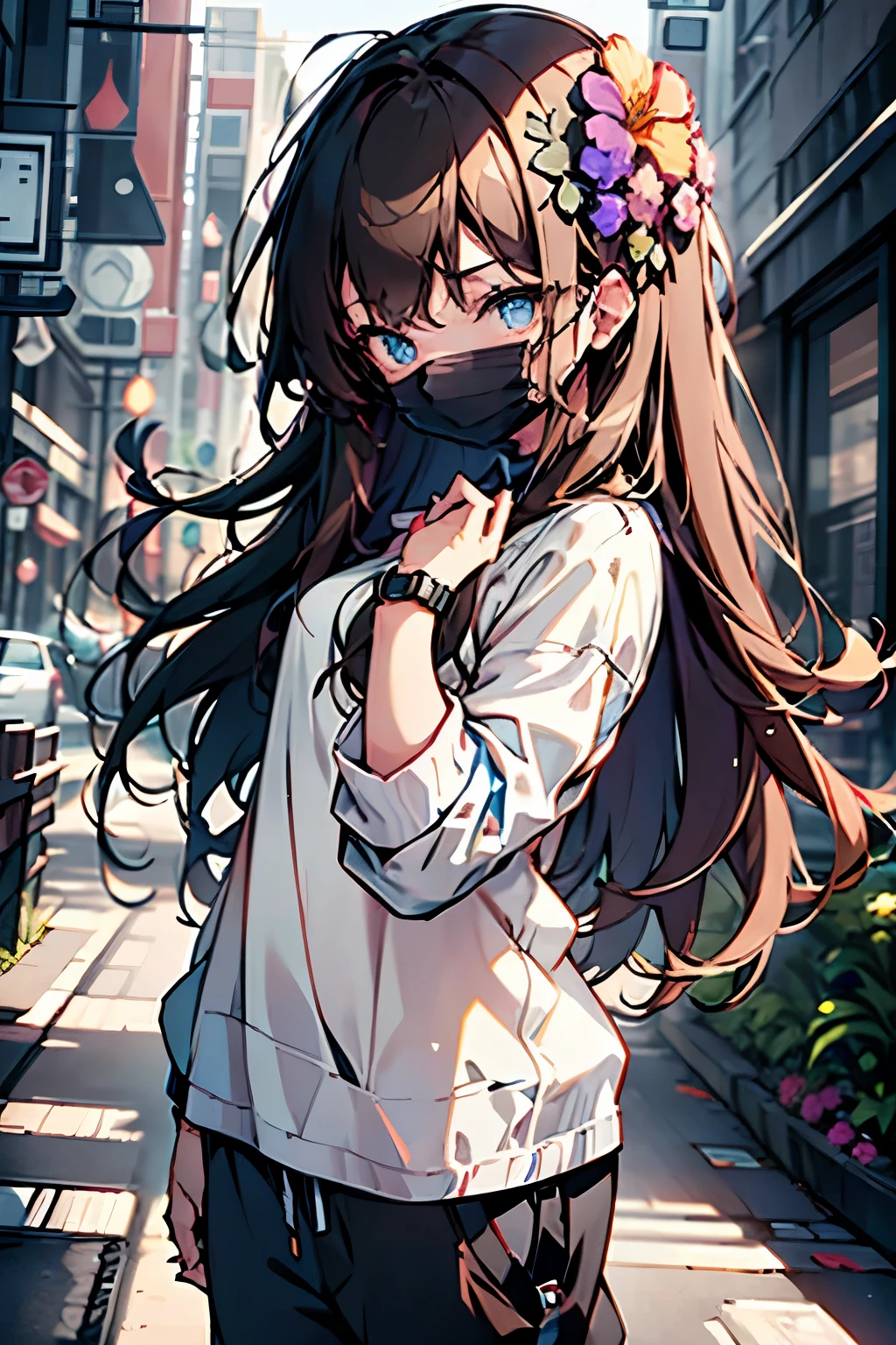 atractive girl with (long brown hair, blue eyes, no bangs), (white t-shirt with flowers, black sweatpants), (watch on right hand, detailed blue mask)