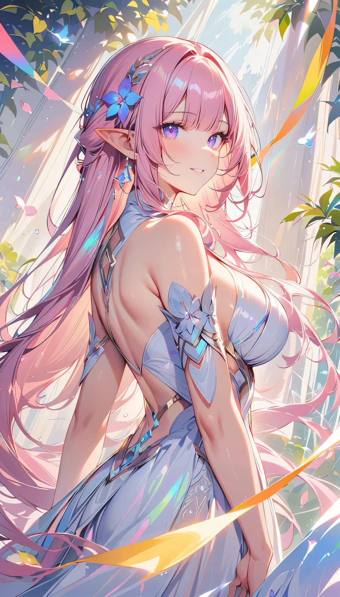 (best quality,4k,8k,highres,masterpiece:1.2),elysia,honkai impact,very long hair,ultra-detailed,(realistic:0.25),(dsmile:.25),wearing simple white goddess gown,morning of spring,sunlight reflection,intricate details,delicate,vibrant color palette,hourglass figure,elegant curves,effects of light and shadow,subtle reflections,face focus,sharp focus,flower petals falling,ethereal atmosphere,elysium,morning dew,soft sunlight filtering through trees,lush plant life,vividly colored blossoms,harmonious blend of nature and art,transcendent beauty,awe-inspiring artwork,long pink hair,purple eyes, pointed ears,time goddess next to floating hourglass, smiling,large breasts,