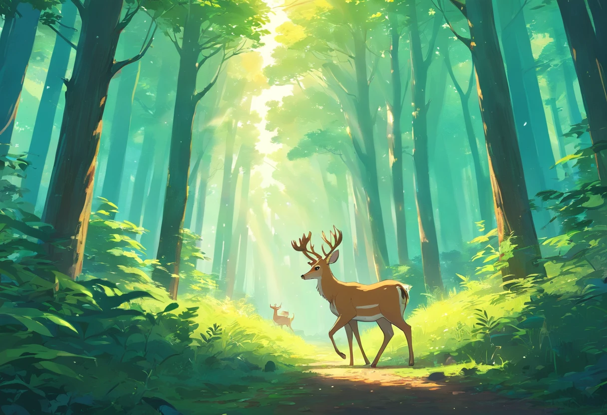 Cartoon deer in the forest，sunny, Cute forest creatures, Portrait of Forest Gog, Anthropomorphic deer female, anthropomorphic female deer, an Anthropomorphic deer, A beautiful artistic illustration, Anthropomorphic deer, Background deep forest, In the forest clearing, Deep in the Hongger Forest, Lovely and detailed digital art, In the deep forest