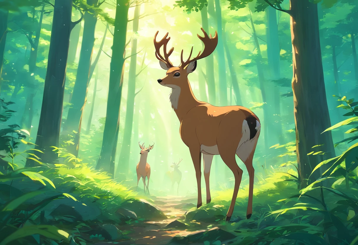 Cartoon deer in the forest,sunny, Cute forest creatures, Portrait of Forest Gog, Anthropomorphic deer female, anthropomorphic female deer, an Anthropomorphic deer, A beautiful artistic illustration, Anthropomorphic deer, Background deep forest, In the forest clearing, Deep in the Hongger Forest, Lovely and detailed digital art, In the deep forest