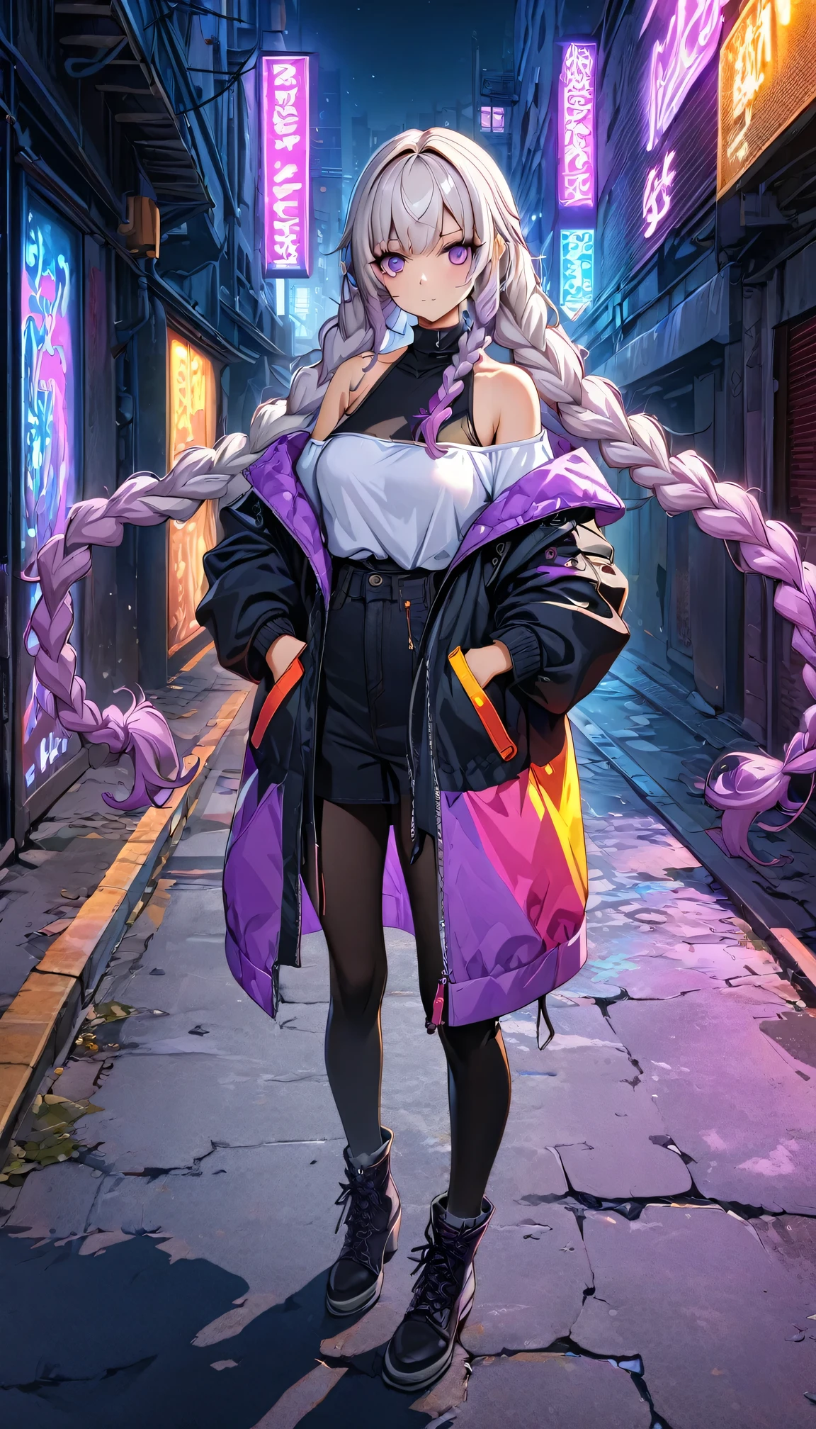 (((8k wallpaper，Extremely detailed CG :1.2, masterpiece, High resolution:1.2, Top quality:1.2))), (( A girl, yinji, purple hair, purple eyes, long hair, white hair, double braids, gradient hair , Hands in pockets:1.8, Street Fashion:1.2, Wearing a colorful coat:1.2, Wear boots)), ( Off-shoulder), ((Empty alleys, night, Neon Street)), (High Angle)