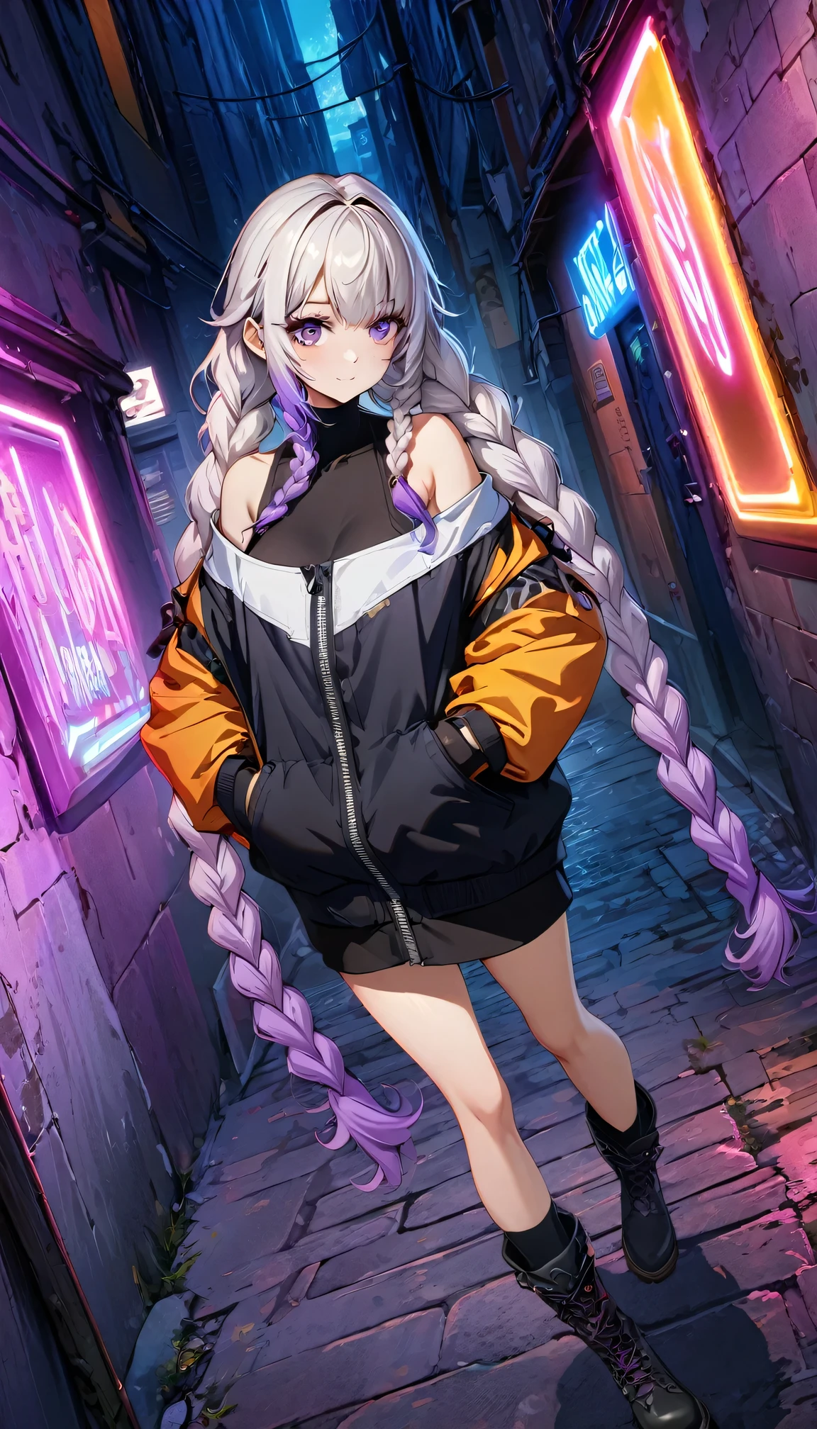 (((8k wallpaper，Extremely detailed CG :1.2, masterpiece, High resolution:1.2, Top quality:1.2))), (( A girl, yinji, purple hair, purple eyes, long hair, white hair, double braids, gradient hair , Hands in pockets:1.8, Street Fashion:1.2, Wearing a colorful coat:1.2, Wear boots)), ( Off-shoulder), ((Empty alleys, night, Neon Street)), (High Angle)