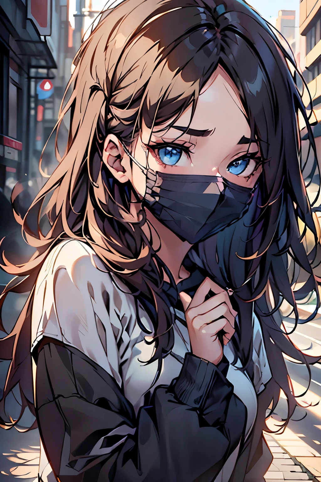 a beautiful girl with long brown hair, blue eyes, no bangs, wearing a white t-shirt with flowers and black sweatpants, with a watch on her right hand, blue mask over the face, (best quality,4k,8k,highres,masterpiece:1.2),ultra-detailed,(realistic,photorealistic,photo-realistic:1.37),detailed face, detailed eyes, detailed eyebrows, detailed nose, intricate details, cinematic lighting, vibrant colors, soft shadows, warm tones, natural lighting, photographic, digital painting, high definition, sharp focus