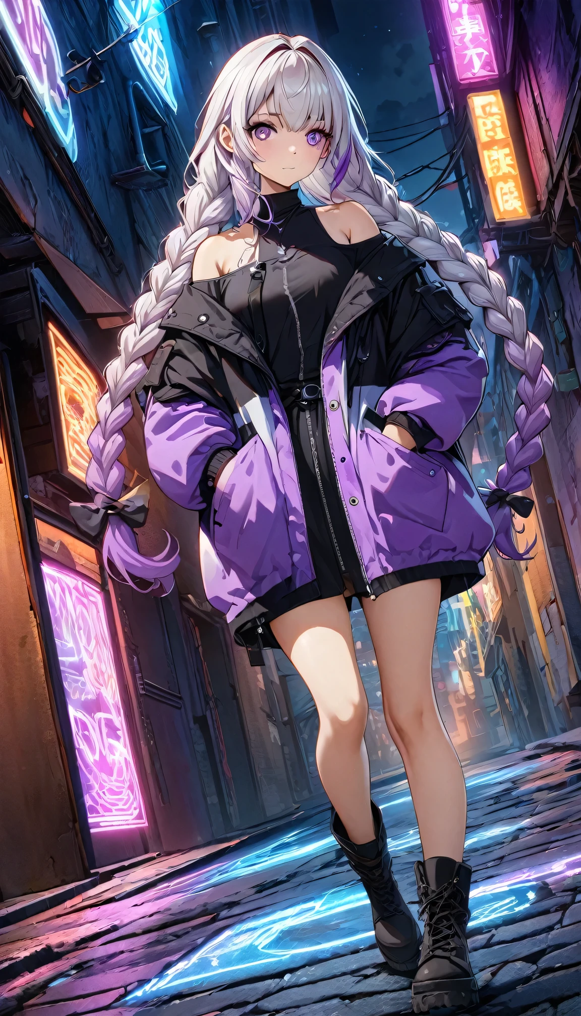 (((8k wallpaper，Extremely detailed CG :1.2, masterpiece, High resolution:1.2, Top quality:1.2))), (( A girl, yinji, purple hair, purple eyes, long hair, white hair, double braids, gradient hair , Hands in pockets:1.8, Street Fashion:1.2, Wearing a colorful coat:1.2, Wear boots)), ( Off-shoulder), ((Empty alleys, night, Neon Street)), (High Angle)