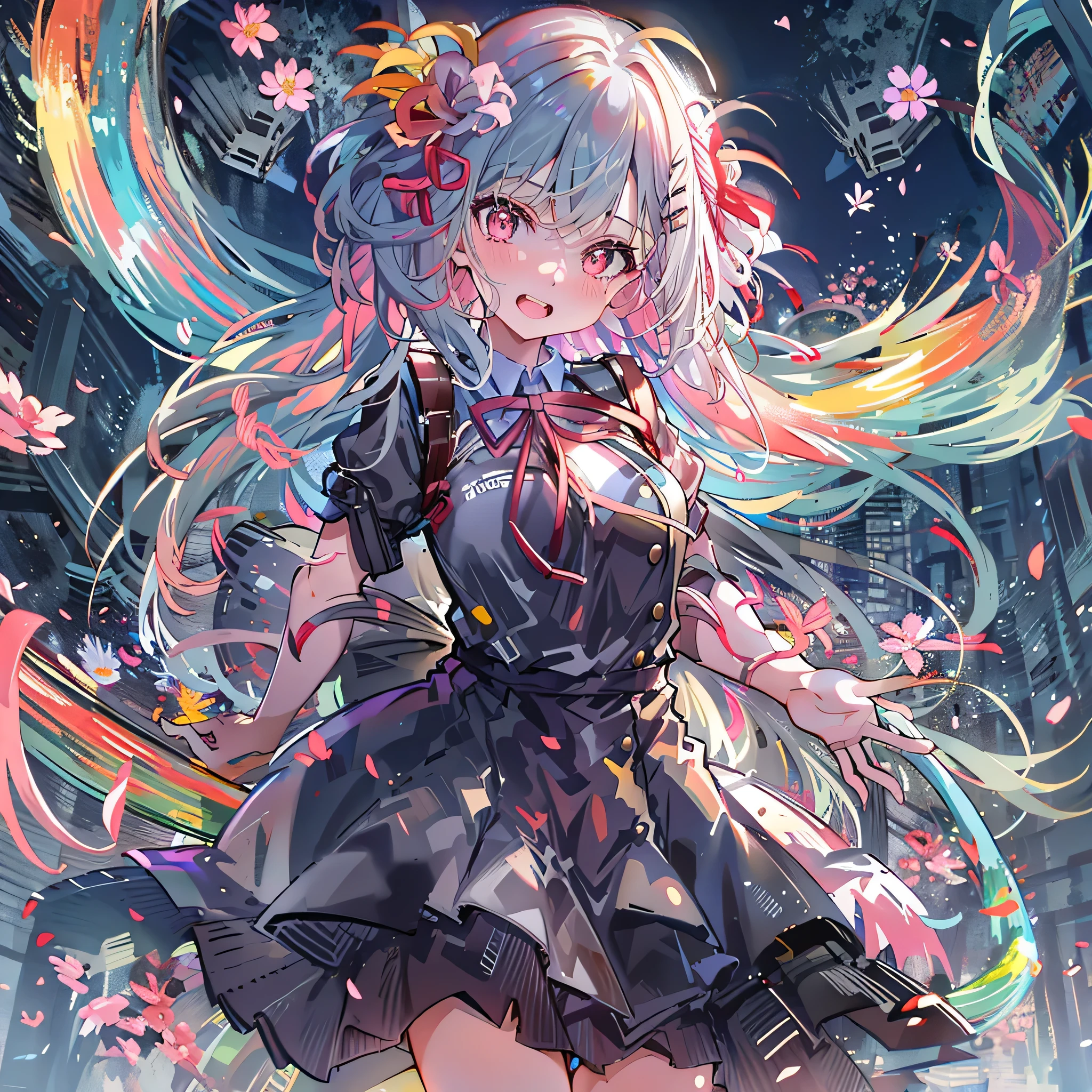（In 8K, best quality, muste piece:1.2)、ultra high resolution,1 female 16 years old、ultra-detailed face,detailed eyes,open mouth,laughing,((Rainbow Hair)),asymmetrical bangs,twin braids,BREAK,(flower dress),Rainbow light, night street 