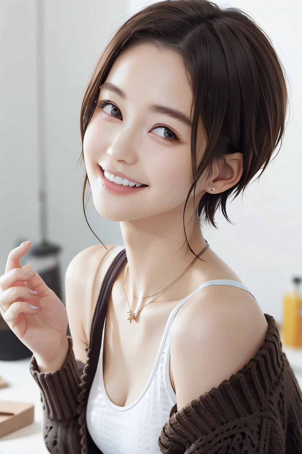 205 ((short hair)), 20-year-old female, In underwear、Put a cardigan over your shoulders、 A refreshing smile、Beautiful teeth alignment、Dark eyeliner、Dark brown hair、ear piercing、Necklace around the neck、Looking at the camera