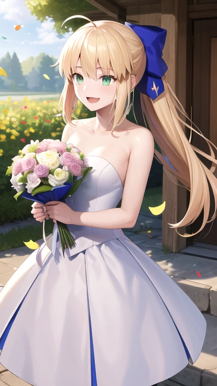 masterpiece, best quality, highres, Artoria Caste, long hair, ahoge, hair bow, green eyes, wedding dress, white dress, strapless, garden, smile, open mouth, confetti, holding bouquet, standing, cowboy shot,