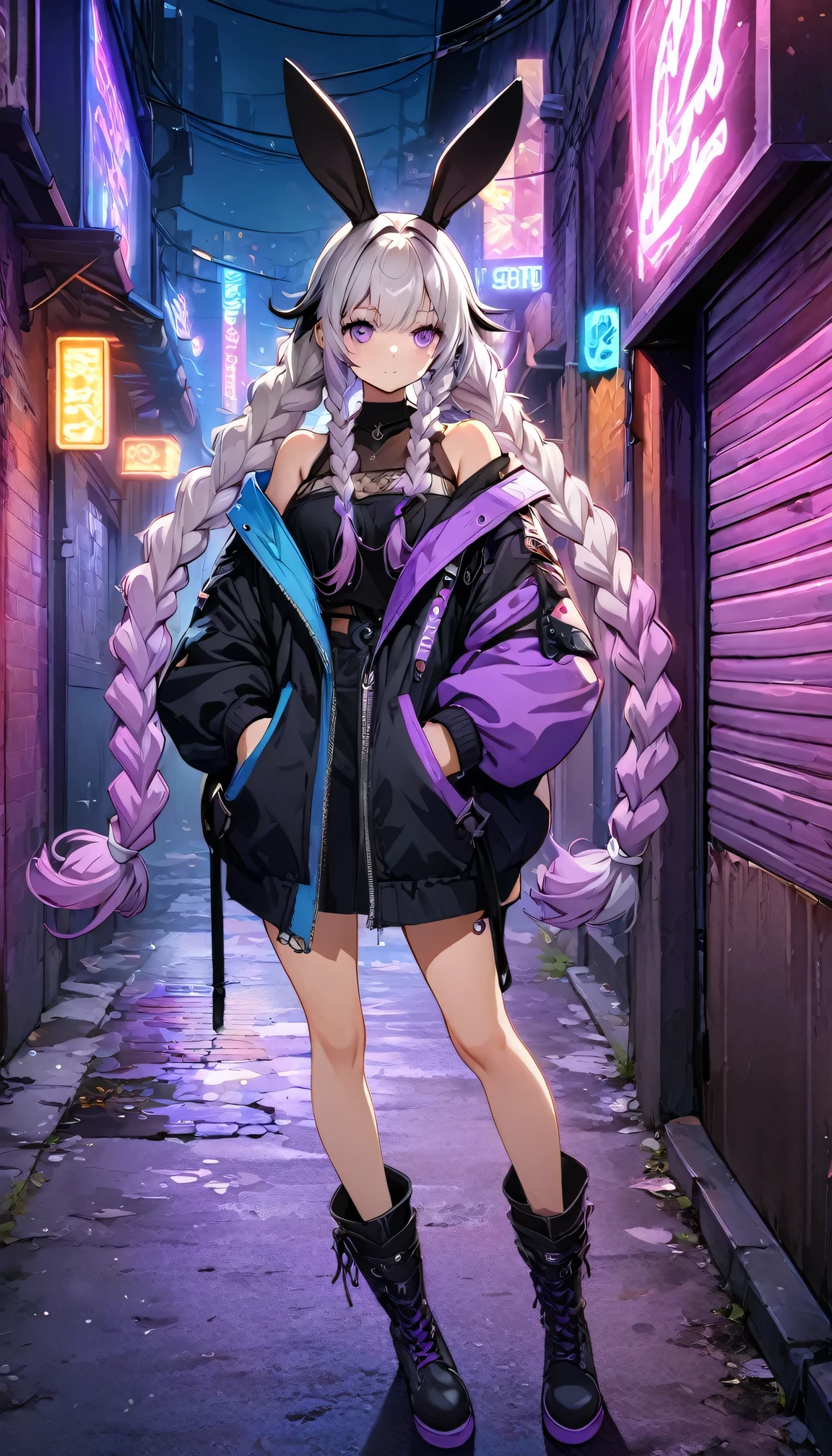 (((8k wallpaper，Extremely detailed CG :1.2, masterpiece, High resolution:1.2, Top quality:1.2))), Rabbit Ears,(( A girl, yinji, purple hair, purple eyes, long hair, white hair, double braids, gradient hair , Hands in pockets:1.8, Street Fashion:1.2, Wearing a colorful coat:1.2, Wear boots)), ( Off-shoulder), ((Empty alleys, night, Neon Street)), (High Angle)