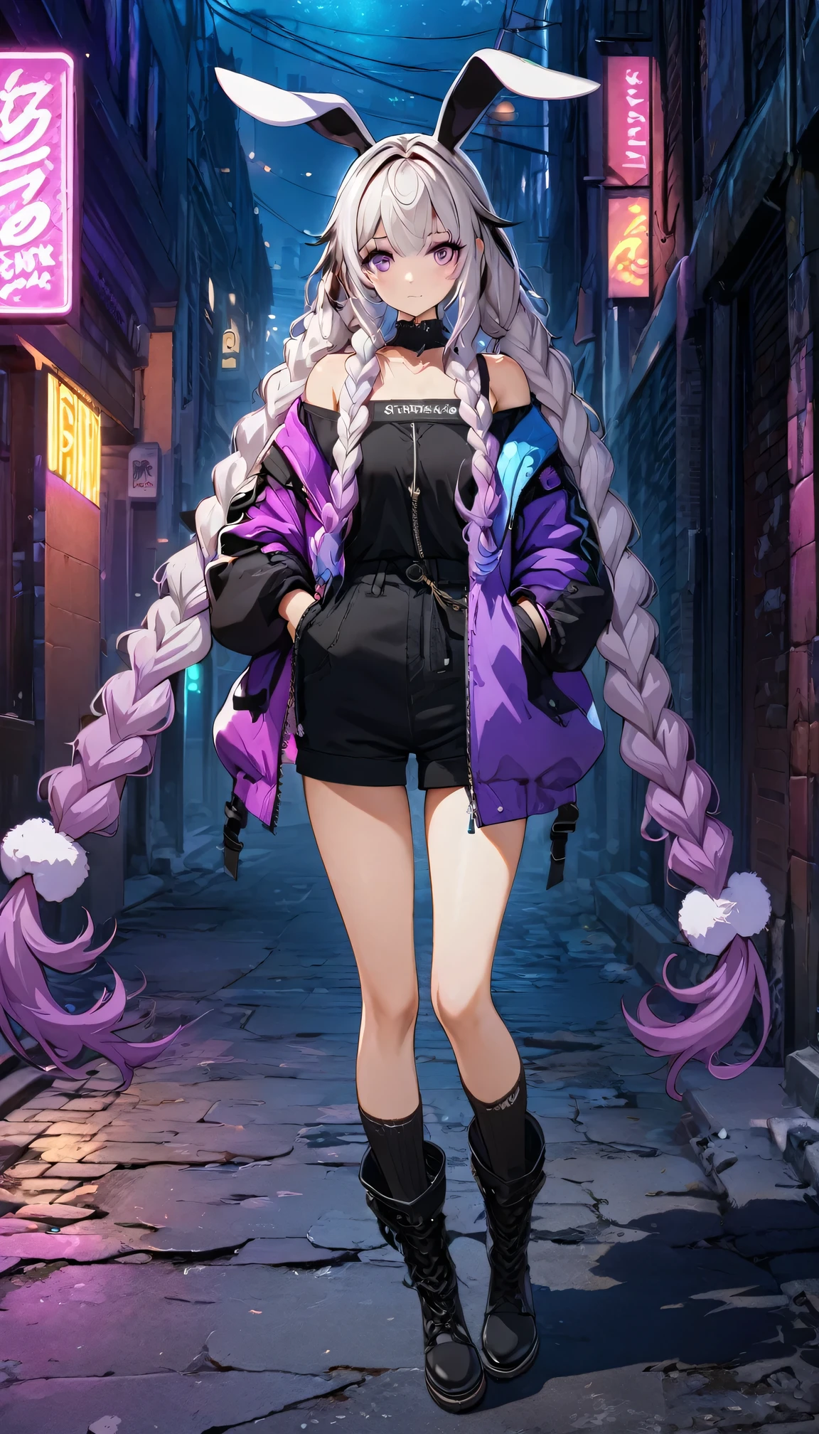 (((8k wallpaper，Extremely detailed CG :1.2, masterpiece, High resolution:1.2, Top quality:1.2))), Rabbit Ears,(( A girl, yinji, purple hair, purple eyes, long hair, white hair, double braids, gradient hair , Hands in pockets:1.8, Street Fashion:1.2, Wearing a colorful coat:1.2, Wear boots)), ( Off-shoulder), ((Empty alleys, night, Neon Street)), (High Angle)