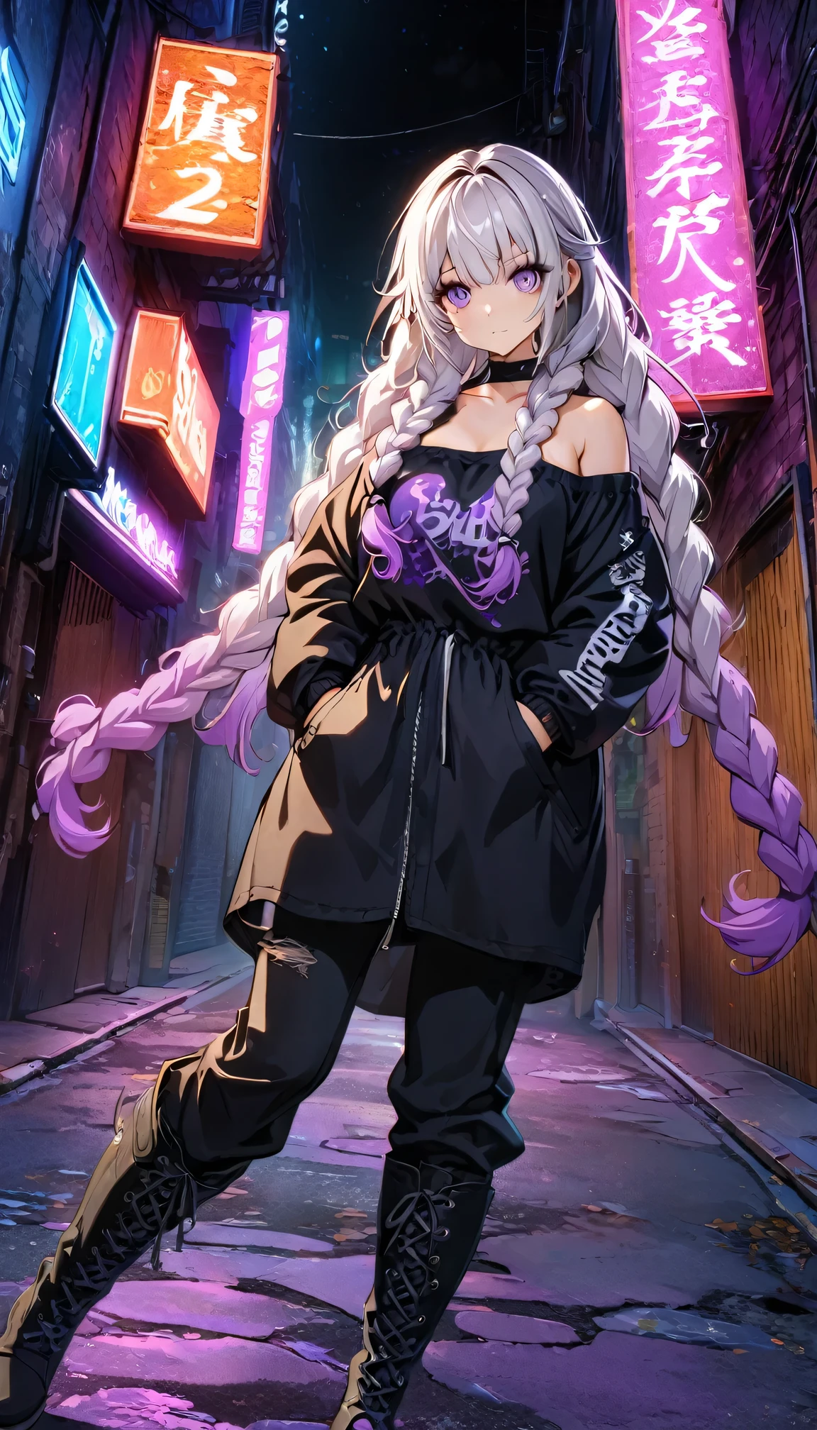 (((8k wallpaper,Extremely detailed CG :1.2, masterpiece, High resolution:1.2, Top quality:1.2))), Rabbit Ears,(( A girl, yinji, purple hair, purple eyes, long hair, white hair, double braids, gradient hair , Hands in pockets:1.8, Street Fashion:1.2, Wearing a colorful coat:1.2, Wear boots)), ( Off-shoulder), ((Empty alleys, night, Neon Street)), (High Angle)