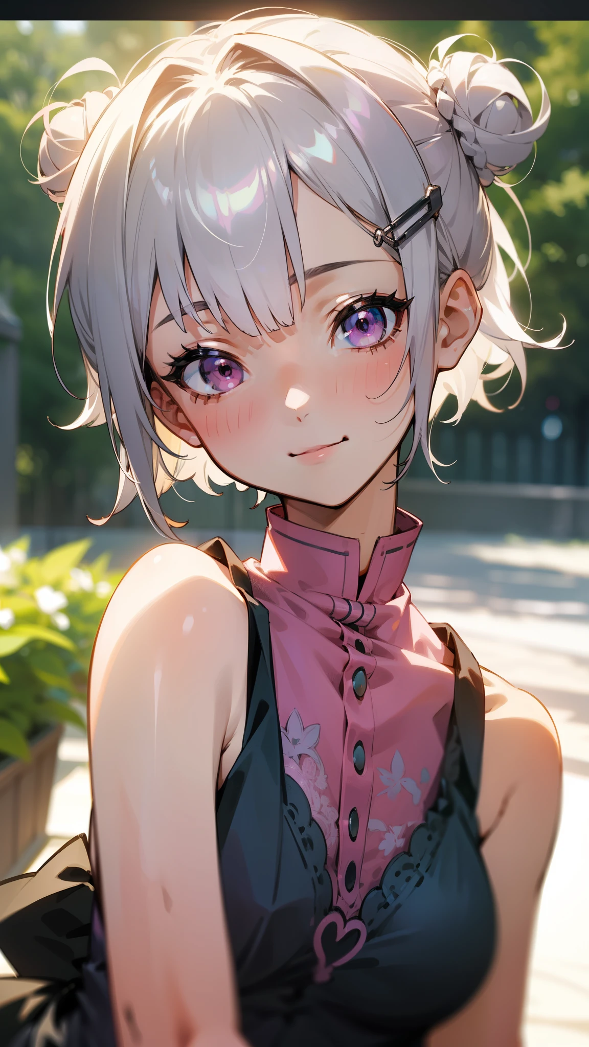 (masterpiece, highest quality)、Intricate details、8k、Sharp focus、(Bokeh) (highest quality) (Detailed skin:1.3) (Intricate details) (8k) (Fine grain) (anime)、Short silver bob hair tied in a bun with a hair clip, Pink Eyes、smile、really like、Pink and silver tank top、Upper body close-up、Morning Cafe Terrace、Upper body close-up、Side body、smile、smile、really like