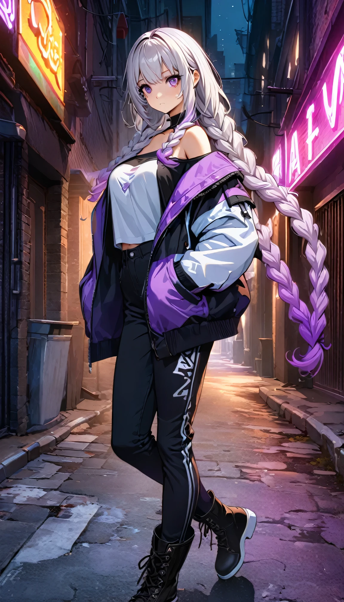 (((8k wallpaper，Extremely detailed CG :1.2, masterpiece, High resolution:1.2, Top quality:1.2))), Rabbit Ears,(( A girl, yinji, purple hair, purple eyes, long hair, white hair, double braids, gradient hair , Hands in pockets:1.8, Street Fashion:1.2, Wearing a colorful coat:1.2, Wear boots)), ( Off-shoulder), ((Empty alleys, night, Neon Street)), (High Angle)