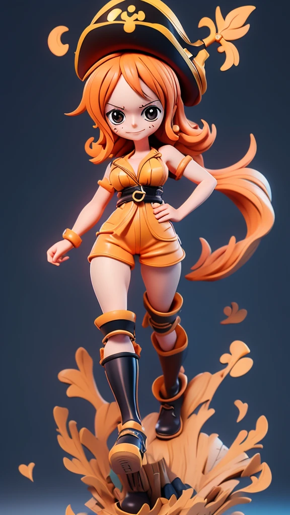 generate anime style nami onepiece one piece, com cabelos longos laranjados e amarrados, olhos perfeitos e detalhados, seios grandes e decotados, beautiful legs wearing black boots standing on pirate ship. The image features high definition 4k HDR resolution.