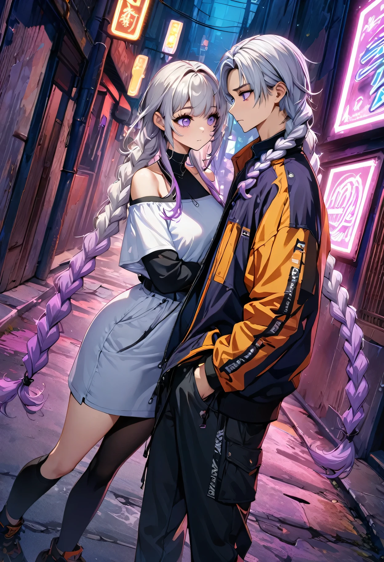 (((8k wallpaper，Extremely detailed CG :1.2, masterpiece, High resolution:1.2, Top quality:1.2))),A couple of lovers boy and girl staring at each other,  (( yinji, purple hair, purple eyes, long hair, white hair, double braids, gradient hair , Hands in pockets:1.8, Street Fashion:1.2, Wearing a colorful coat:1.2)), ( Off-shoulder), ((Empty alleys, night, Neon Street)), (High Angle)