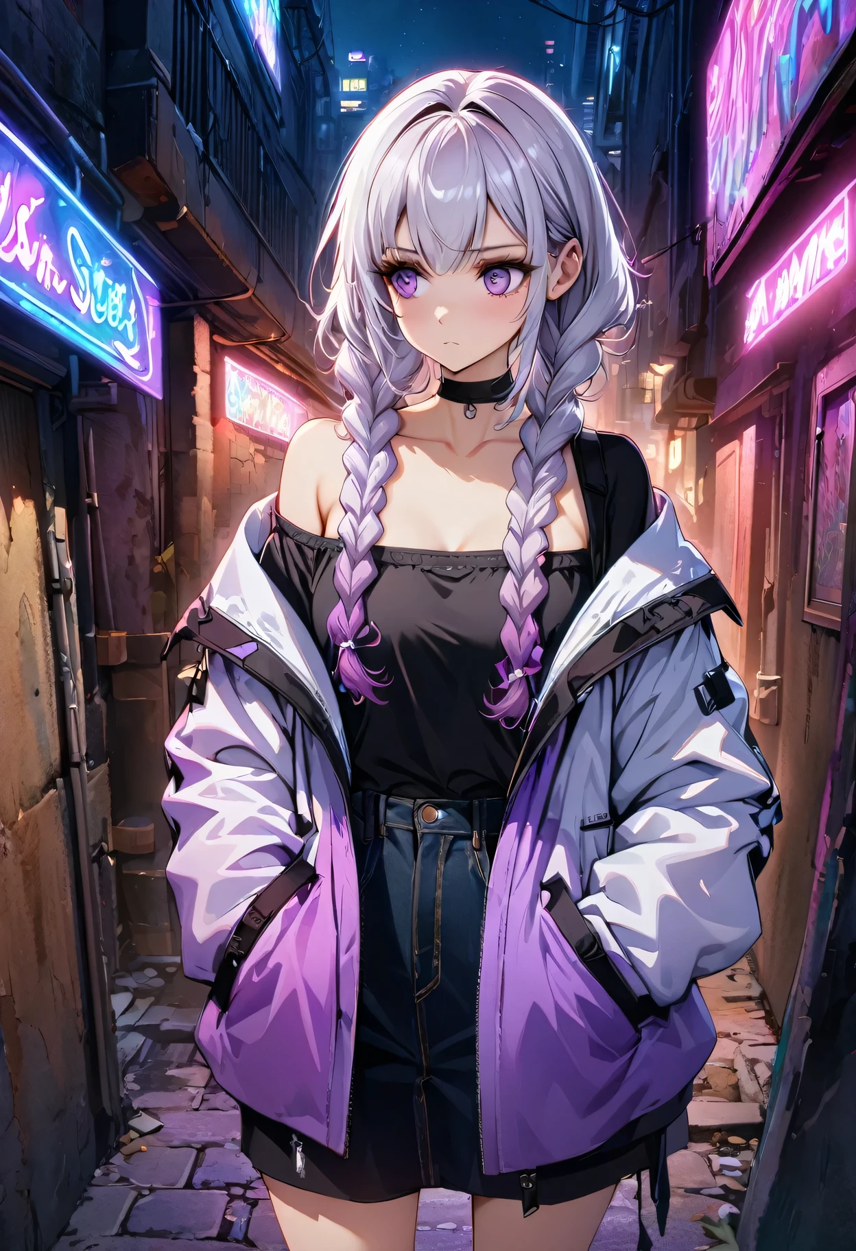 (((8k wallpaper,Extremely detailed CG :1.2, masterpiece, High resolution:1.2, Top quality:1.2))),A couple of lovers boy and girl staring at each other, (( yinji, purple hair, purple eyes, long hair, white hair, double braids, gradient hair , Hands in pockets:1.8, Street Fashion:1.2, Wearing a colorful coat:1.2)), ( Off-shoulder), ((Empty alleys, night, Neon Street)), (High Angle)